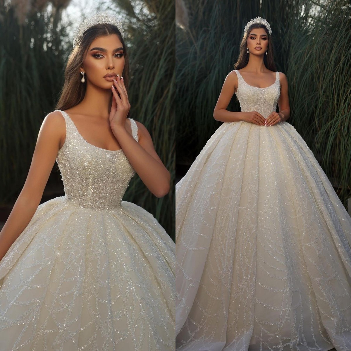 crystal ball gown Wedding Dress for bride thick straps beading wedding dresses Dubai saudi arabic sweep train ruffle r Bridal gowns