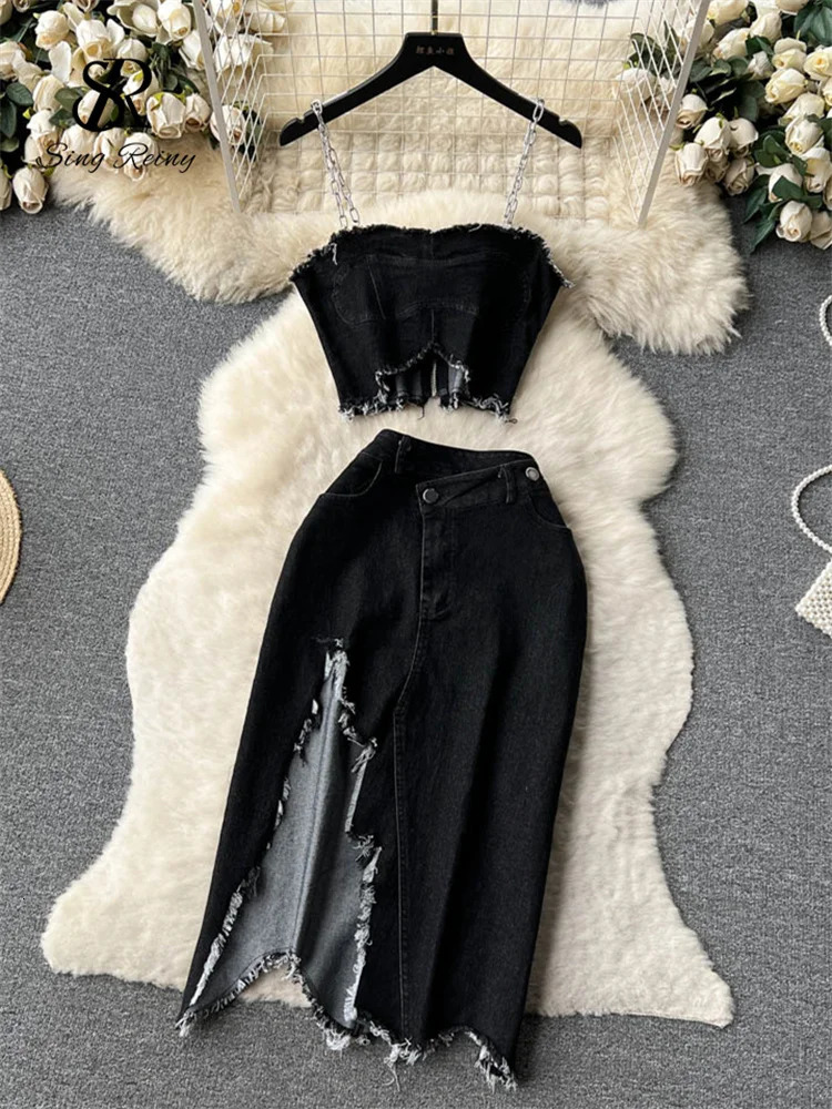 SINGREINY Streetwear Cool Y2K Sexy Denim Suit Strap Short Tank Top Split Bodycon Skirt Fashion sweet Two Pieces Sets 240315