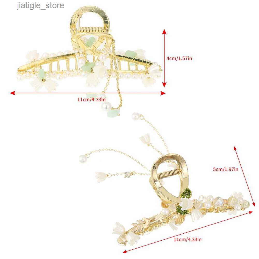 Hair Clips Haimeikang Pearl Hair Clip Crabs For Women lily of the valley leaf Tassel Hair Claw Hairpin Golden Fashion Ponytail Accessories Y240329 - view 4
