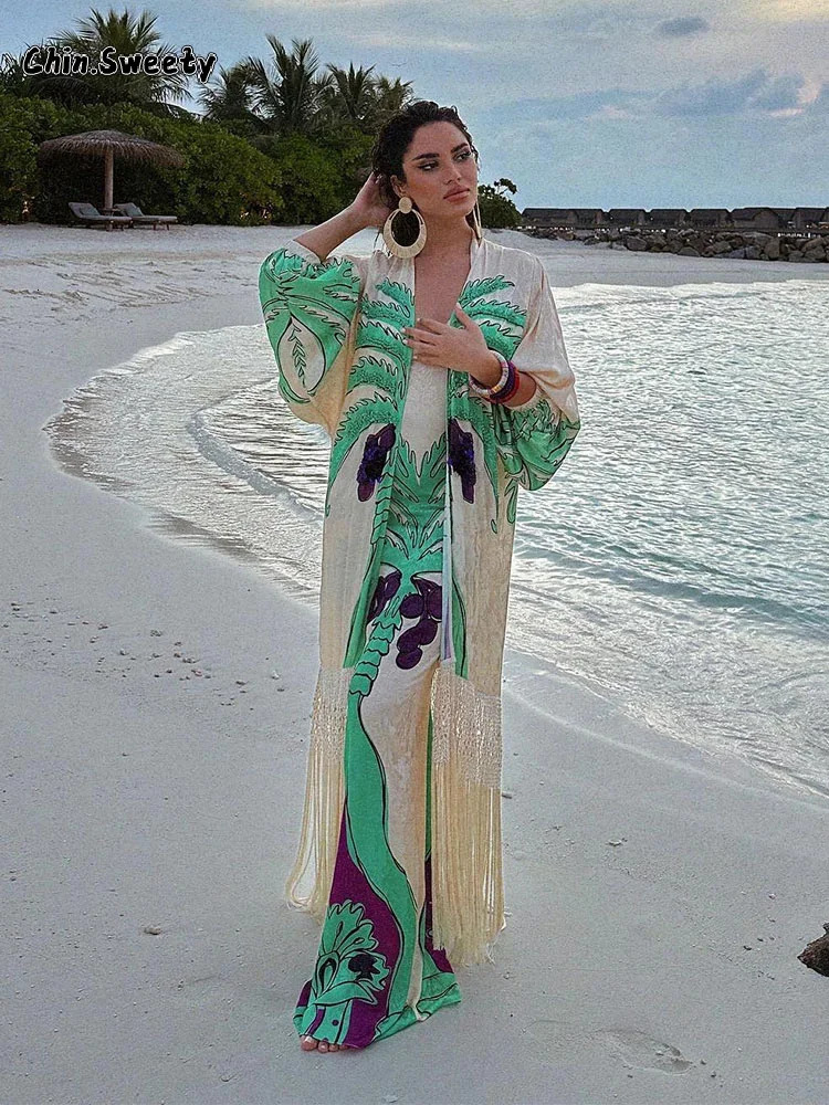 Bat Sleeve Tassel Printed Splicing Maxi Dress Women Elegant Square Collar Lantern Sleeves Dresses Female Beach Vacation Vestidos 240318wtt