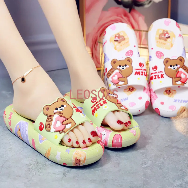 Summer Cute Womens Milk Bear Cartoon Indoor Home with Medium Heels and Non Slip Household Outwear Beach Shoes 240318
