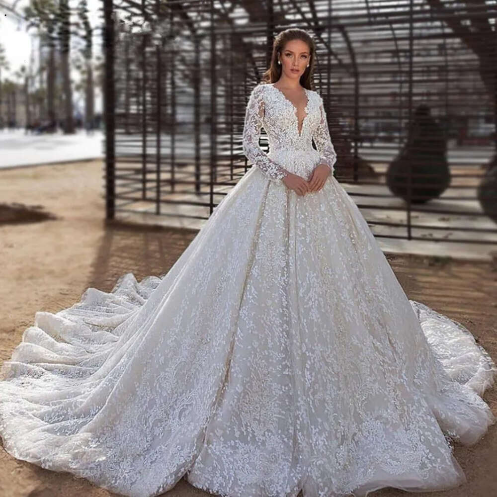 Princess Wedding Dresses Puffy Skirt Long Sleeve Tulle Lace Crystal Beaded Bridal Gown New Design Custom Made UPS