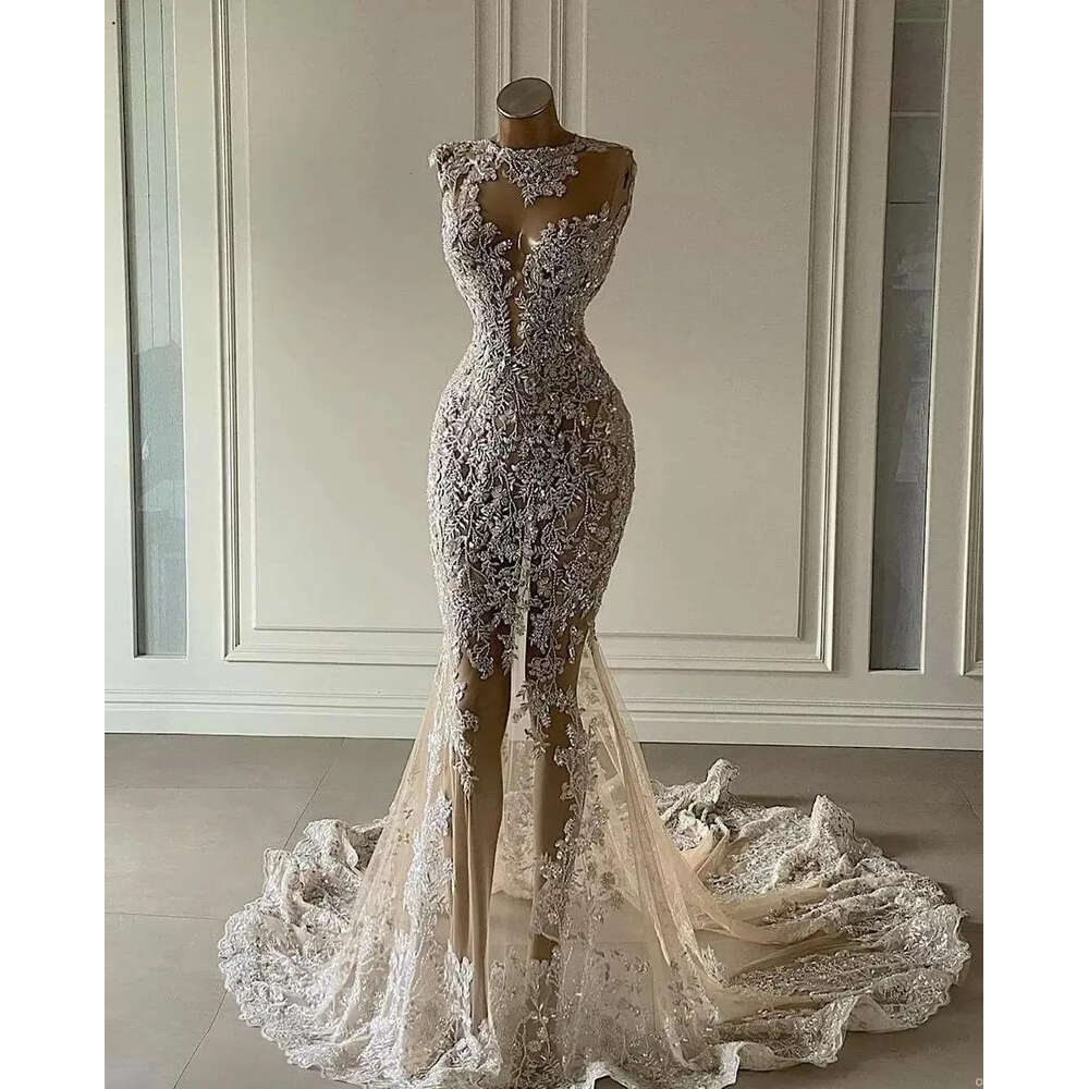 Modest Mermaid Wedding Dresses Illusion Bridal Gown Sweep Train Crystals Beaded Lace Applique Tulle Sleeveless Custom Made Plus Size Beach Vestido De 