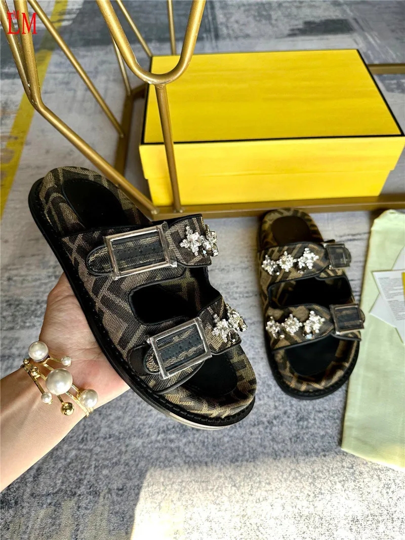 Luxury designer Jacquard Slides Slip On Feel Raffia Leather Slide Sandals Slippers Shoes With Box