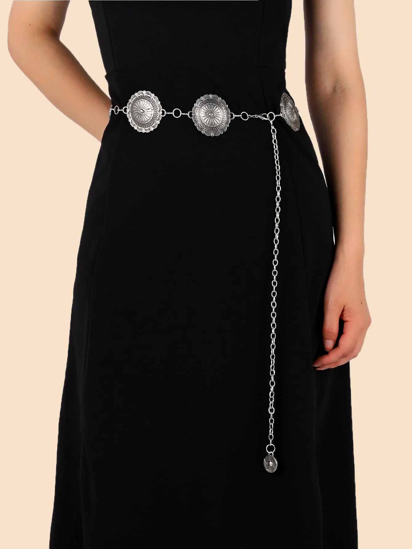 Fashion Antique Silver Alloy Western Floral Circle Conchos Womens Chain Belt 240318