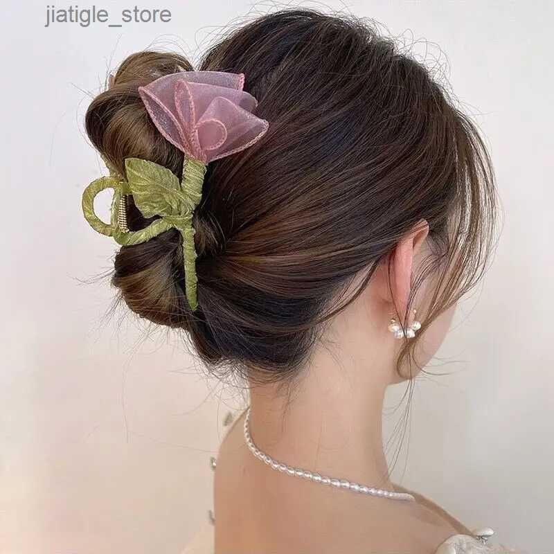 Hair Clips Haimeikang Tulip Tulle Shark Clip Hair Claws For Women Elegant Ponytail Hairpin Hair Crabs Girls Fashion Hair Accessories Y240330