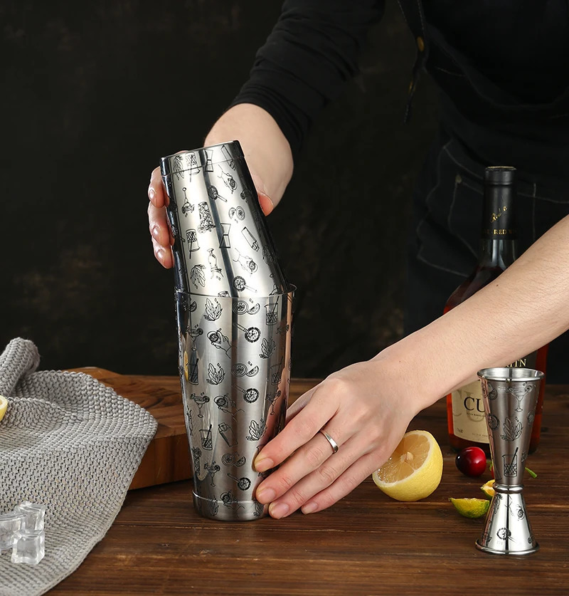 Boston Cocktail Shaker With Etched Pattern Bar Cocktail Shaker Tin Set - 800ml 500ml 240319