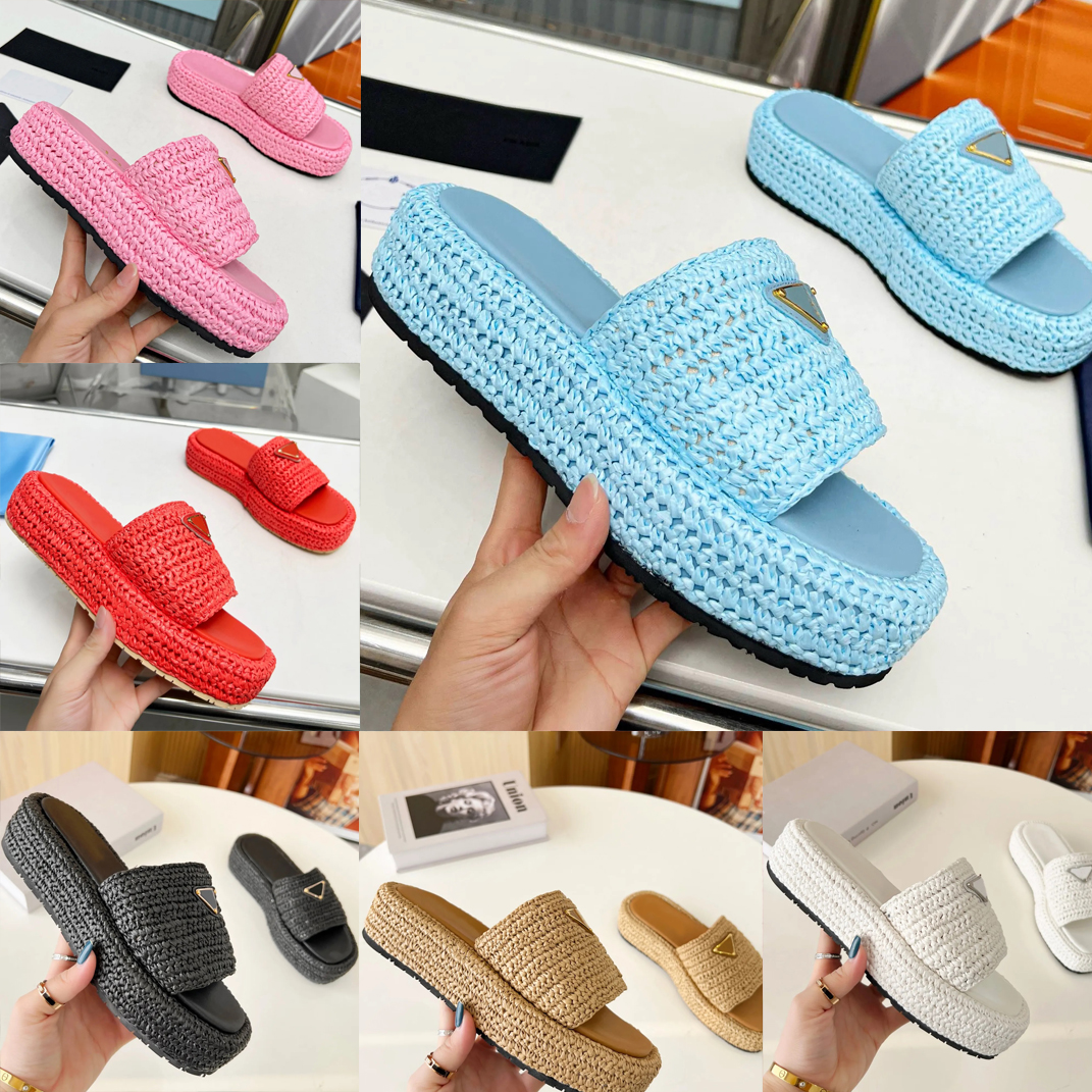 Designer Slippers Sandals Men Women Gold Buckle Slip On Black Brown Pink Slides Crochet Slider Women Casual Sandal Platform Wedges Straw Flatform Flip Flops 35-42