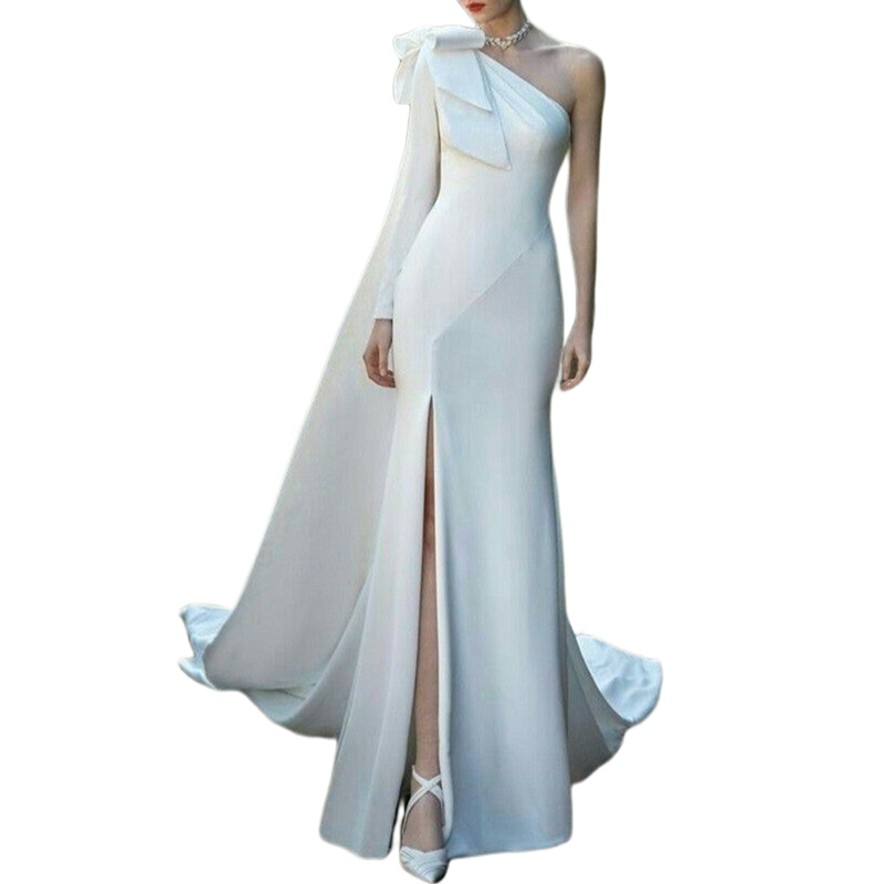 Bow One Shoulder Mermaid Wedding Dresses Side Split Simple Satin Long Bridal Gowns Elegant White Ivory Bride Reception Dress 2024