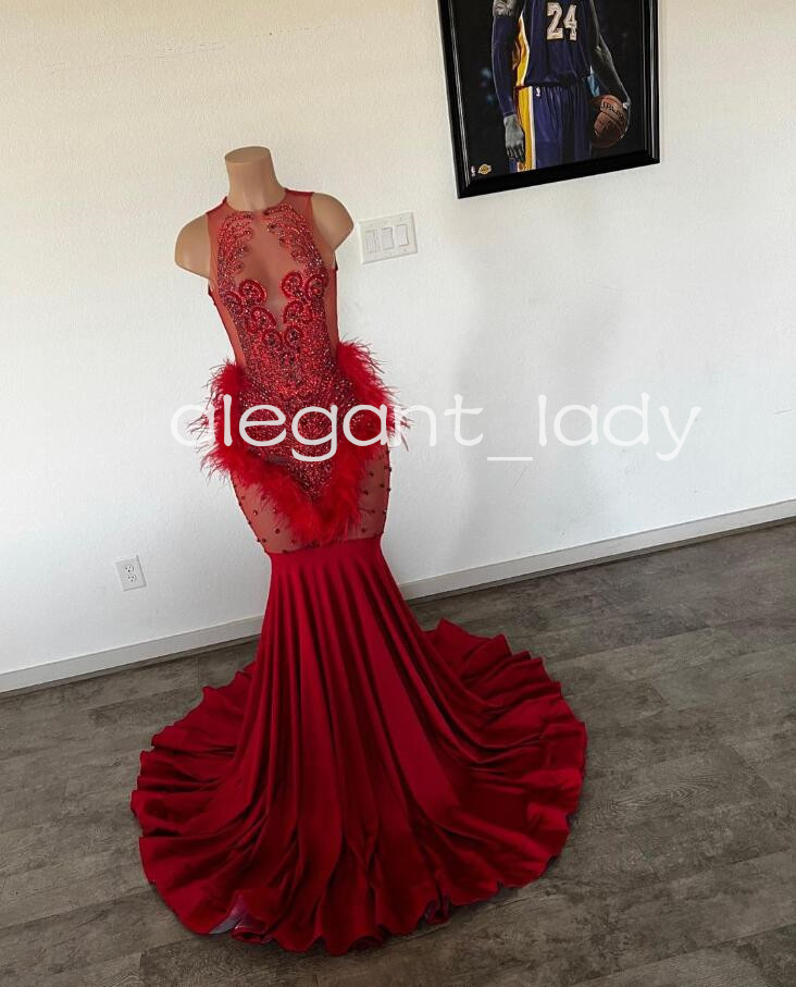 Dark Red Sparkly Long Evening Ceremony Dresses for Black Girl Luxury Diamond Crystal Feather Prom Gown vestidos de fiesta