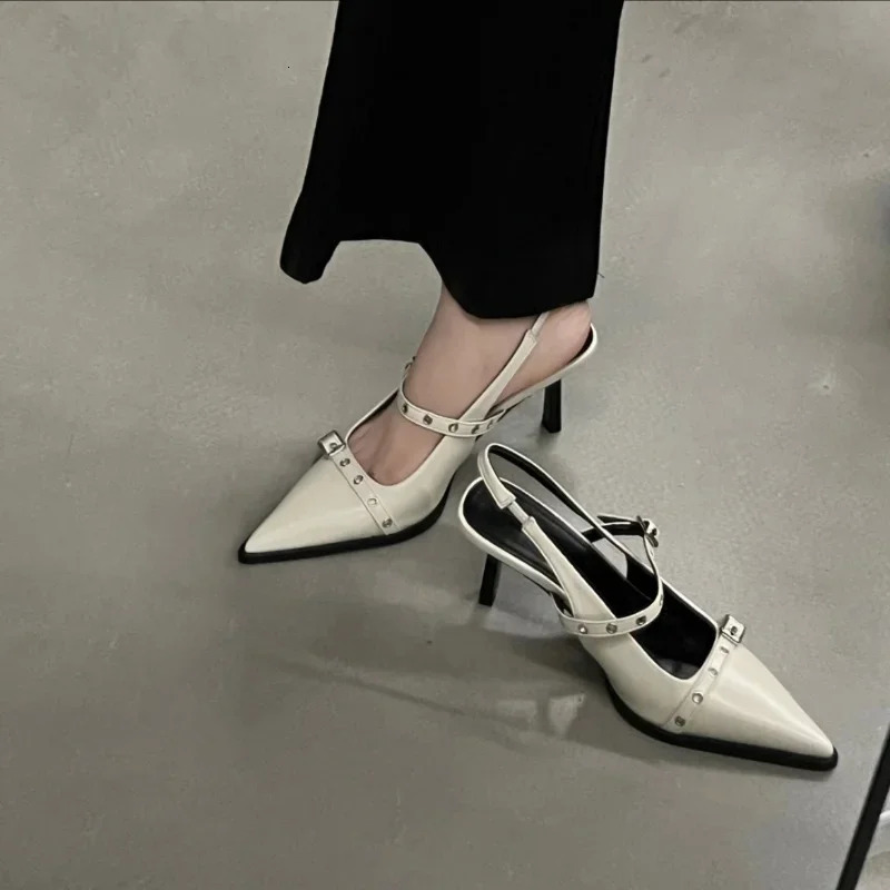 Rivet Fashion Women Shoes 2023Summer Pointed Thin Heel Sandals Elegant Low Heels Dress High 240320