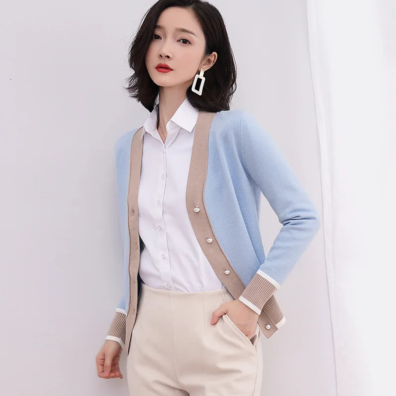 Knitted Cardigan Sweater Spring Women Contrast Color V Neck Long Sleeve Sweater Fashion Cardigan for Female Jumper Outwear 240326