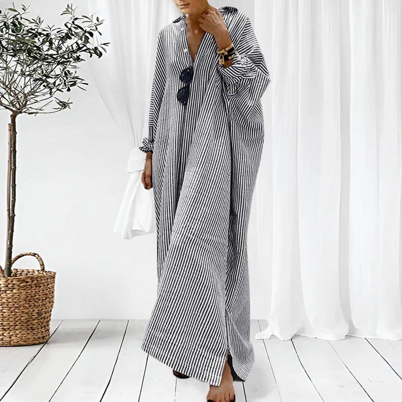 Casual Dresses Summer Striped Print Shirt Dress Long Sleeve Cotton Temperament Commuter Loose Maxi For Women Elegant