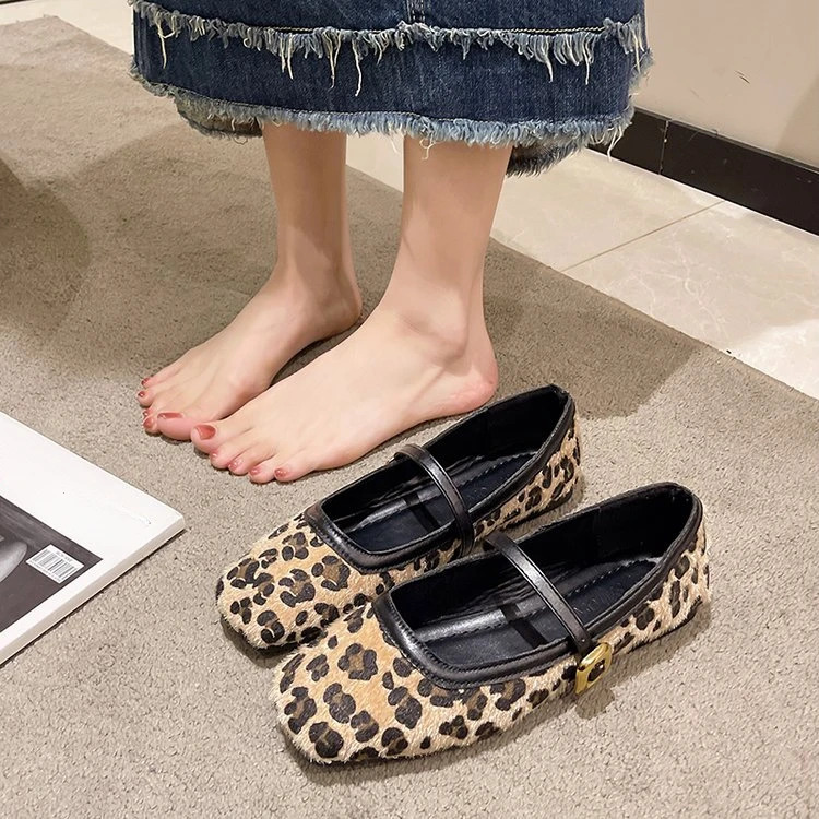 French Style Women Vintage Flats Button Square Toe Mary Janes Casual Shoes Leopard Comfort Loafers Shoes Ballerina Flats 240311