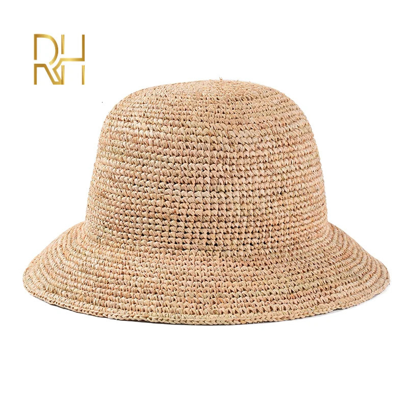 Handmade Ladies Crochet Natural Raffia Straw Bucket Hat For Spring Summer Beach Floppy fisherman Caps 240320