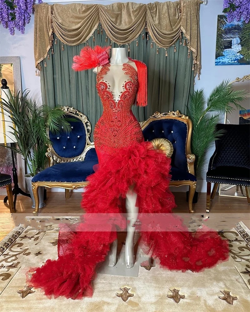 Red Rhies Long Prom Dresses For Black Girls 2024 Dias Crystal Birthday Party Gown Tassels Ruffles Evening Dress