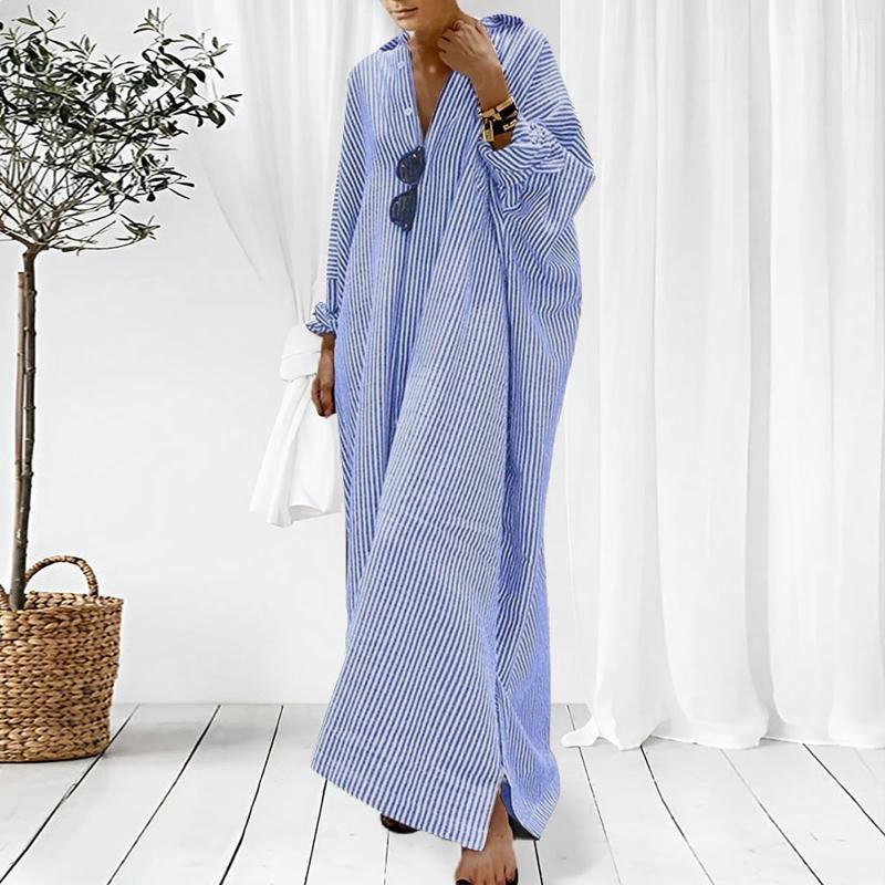 Casual Dresses Summer Striped Print Shirt Dress Long Sleeve Cotton Temperament Commuter Loose Maxi For Women Elegant