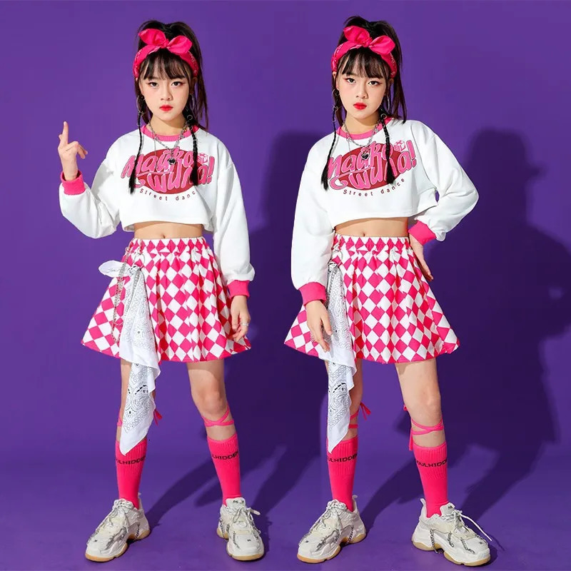 Girls Hip Hop Crop Top Cargo Pants Child Sweatshirt Plaid Skirt Kid Streetwear Jazz Cheerleader Street Dance Costume Clothes Set 240307