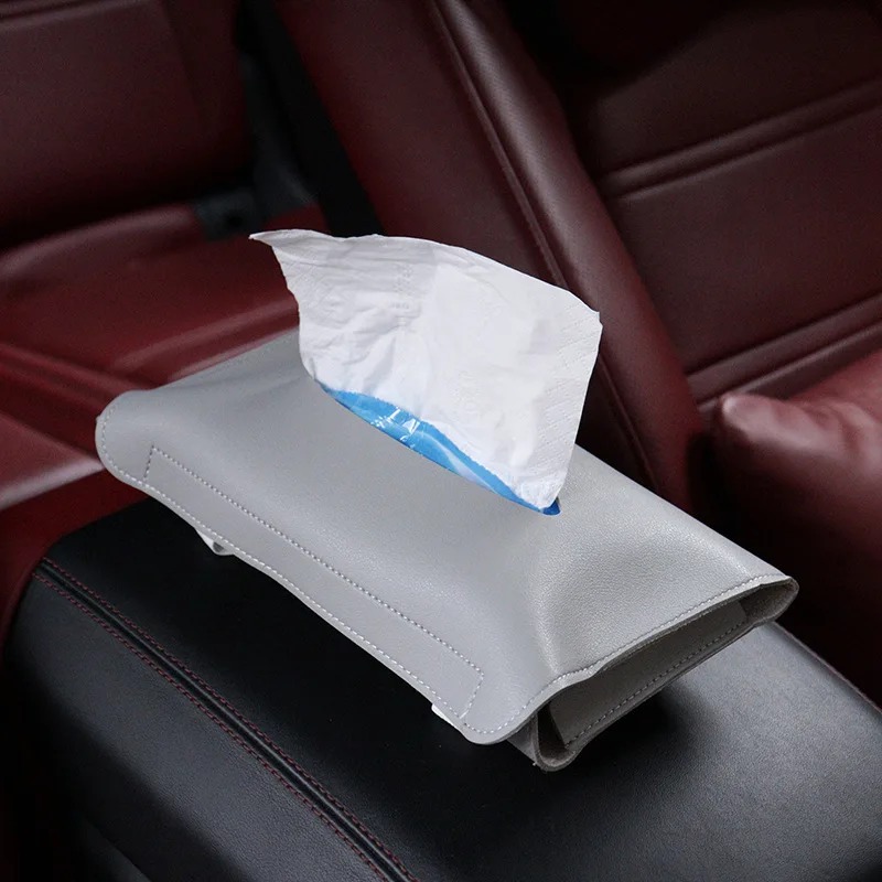 Automotive Tissue Holder, Synthetic Leather Tissue Support, Adjustable Tissue Holder for Sun Visor, Car Tissue Box with Tissue Refill