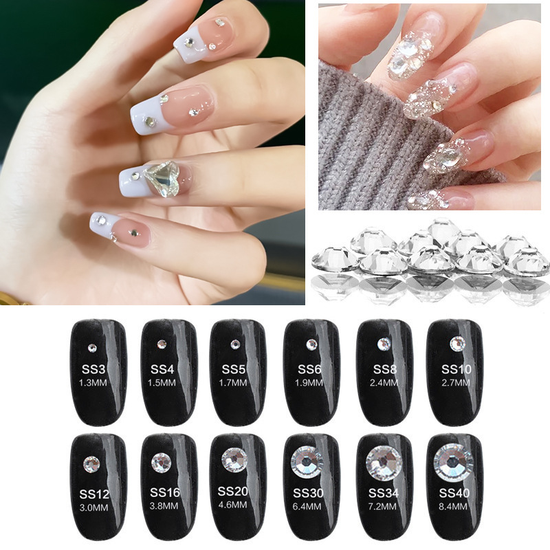 SS3-SS34 Silver Glass Flatback Rhinestone Glitter Round Silver Bottom Glue On Crystal Stones for DIY Crafts Nail Art Decoration