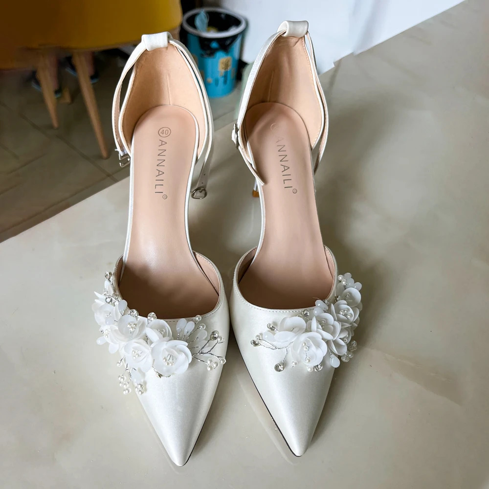Bride Sandals White Satin Flowers 7cm Thin High Heels Customize Flats 3cm 5cm 9cm Pointed Wedding Party Dress Women Shoes 240329