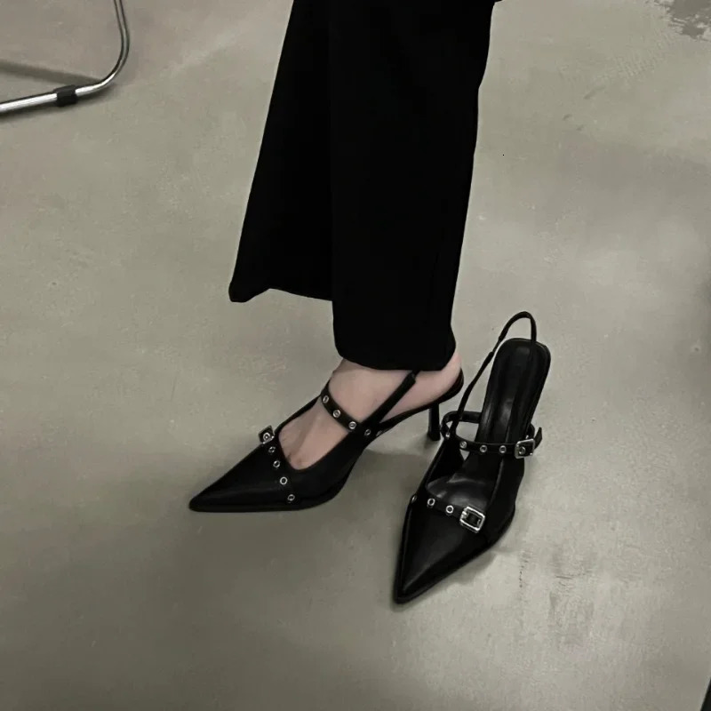 Rivet Fashion Women Shoes 2023Summer Pointed Thin Heel Sandals Elegant Low Heels Dress High 240320