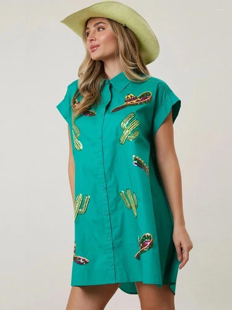 Casual Dresses Women A-line Loose Cute Sequin Shirts Dress Retro Vestido Fashion Short Sleeve Mini Blouse Woman Clothes 2024 Summer