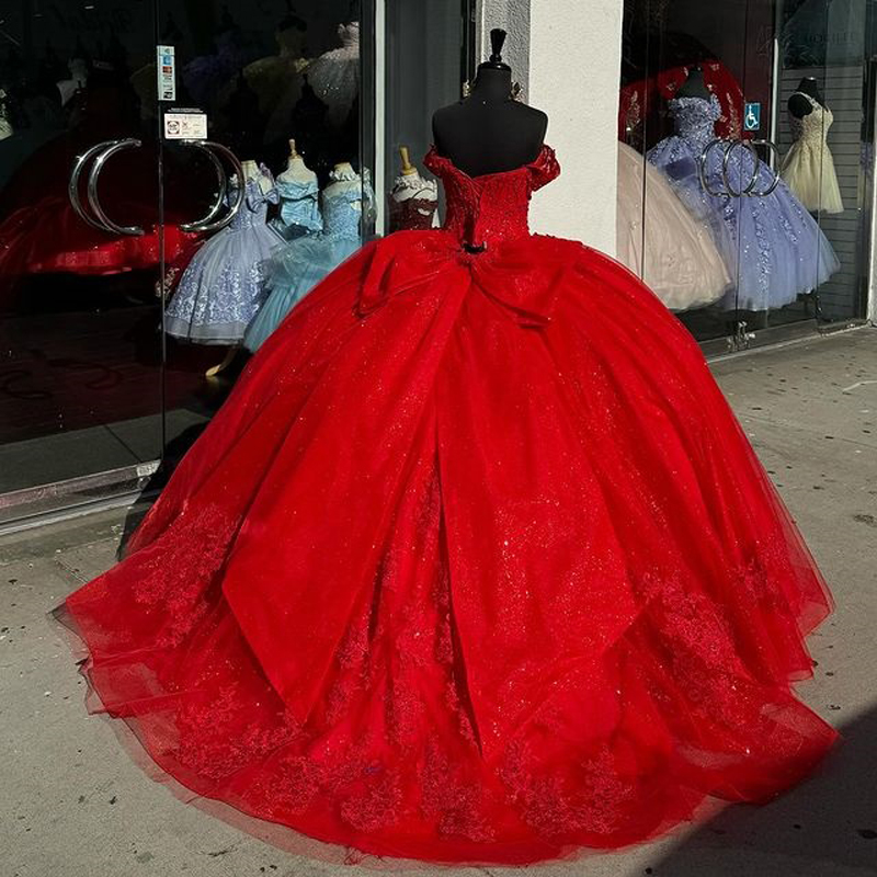 2025 Shinny Quinceanera Ball Gown Off The Shoulder Quince Dresses Princess Formal Gowns With Beading Pearls Appliques Lace