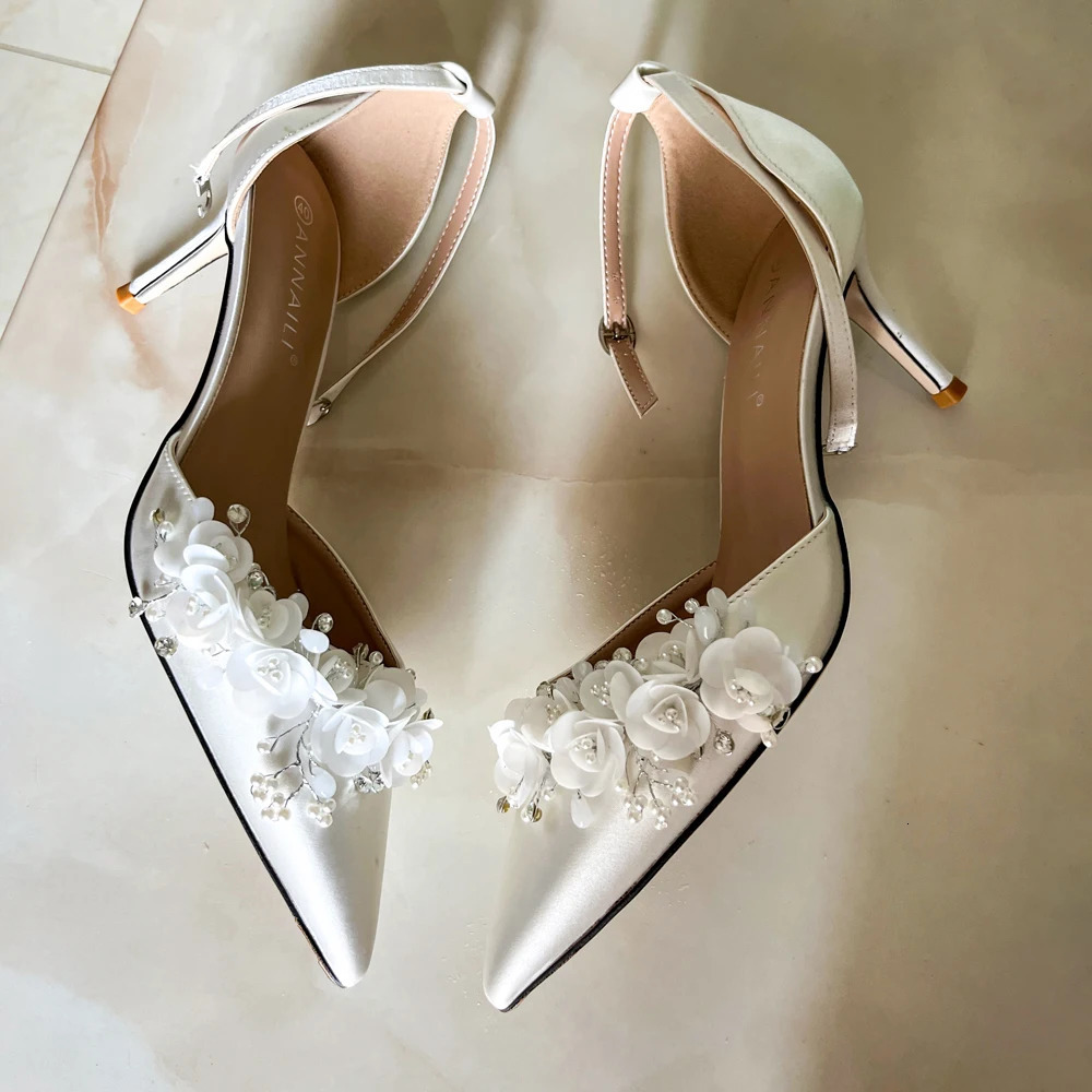 Bride Sandals White Satin Flowers 7cm Thin High Heels Customize Flats 3cm 5cm 9cm Pointed Wedding Party Dress Women Shoes 240329
