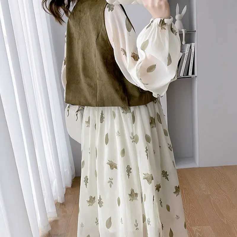 Maternity Dresses Pregnant Womens Chiffon Dress Summer and Autumn Pregnant Womens Dress Printed Flower Dress+Tank Top 2PCS Fashion Pregnant Womens Dre