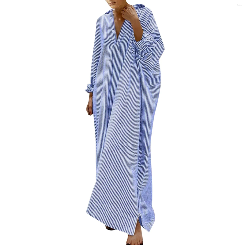 Casual Dresses Summer Striped Print Shirt Dress Long Sleeve Cotton Temperament Commuter Loose Maxi For Women Elegant