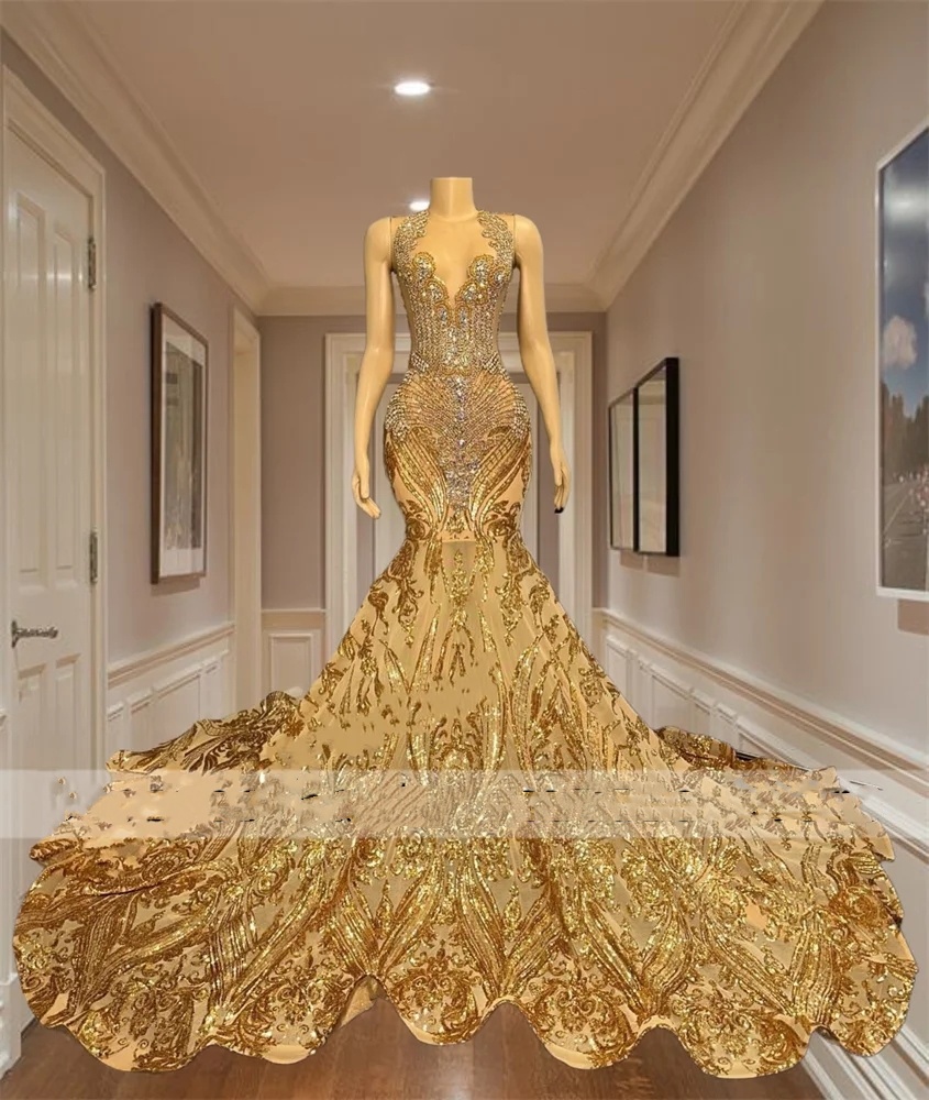 Crystal Gold Dia Long Dresses For Black Girls Sparkly Mermaid Style Champagne Sequin Prom Gowns With Train