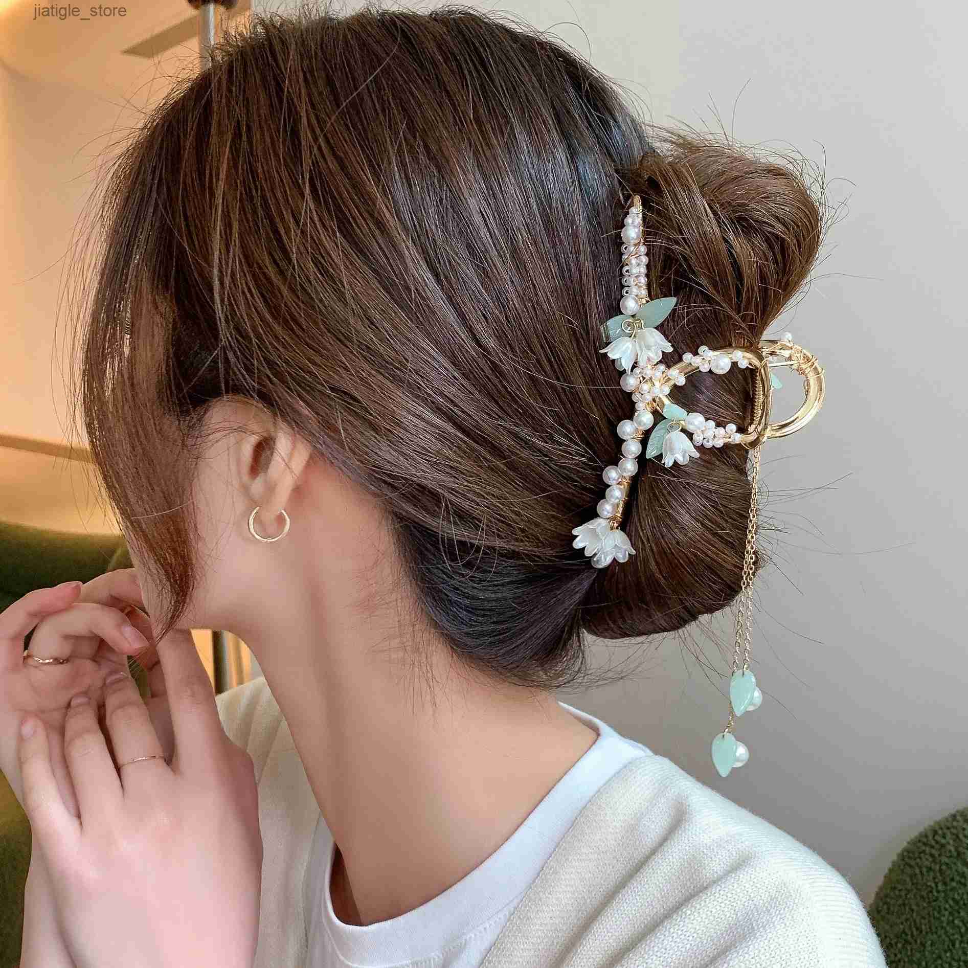 Hair Clips Haimeikang Pearl Hair Clip Crabs For Women lily of the valley leaf Tassel Hair Claw Hairpin Golden Fashion Ponytail Accessories Y240329 - view 3