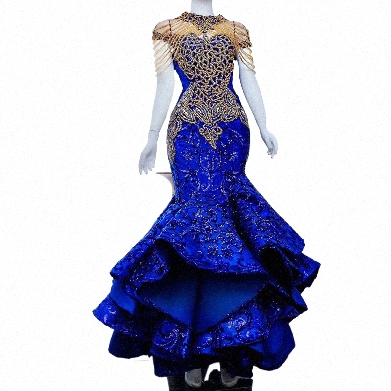 Lism Aso Ebi Mermaid Evening Dresses For Women Sequin Beading Royal Blue Prom Gown Celebrity W 0220