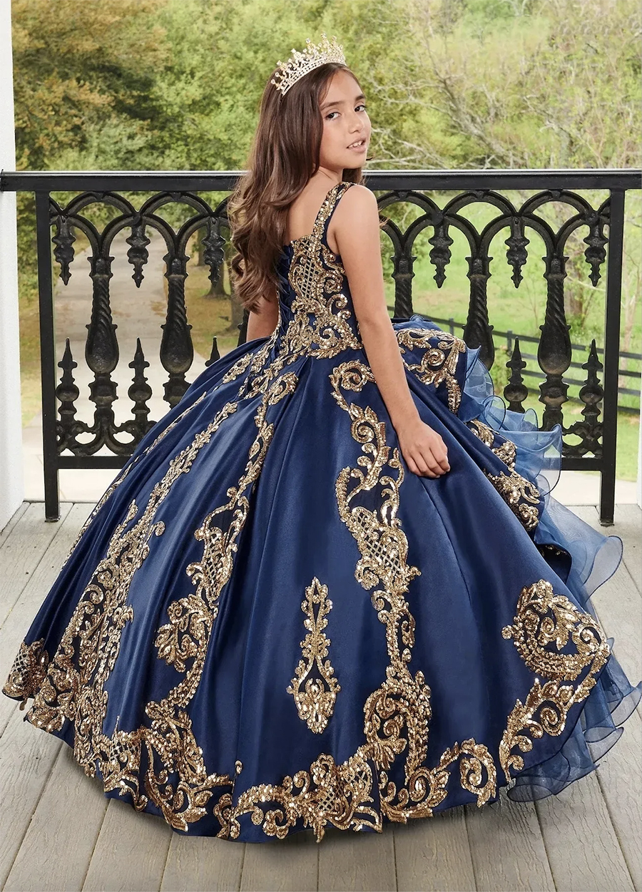 Dark Blue Little Girl's Pageant Dresses With Gold Lace Appliqued Puffy Tiered Ruffles Princess Ball Gown For Wedding Birthday Kids Todder Formal 