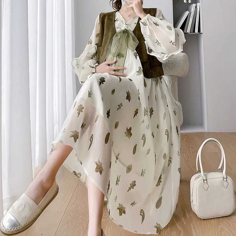 Maternity Dresses Pregnant Womens Chiffon Dress Summer and Autumn Pregnant Womens Dress Printed Flower Dress+Tank Top 2PCS Fashion Pregnant Womens Dre