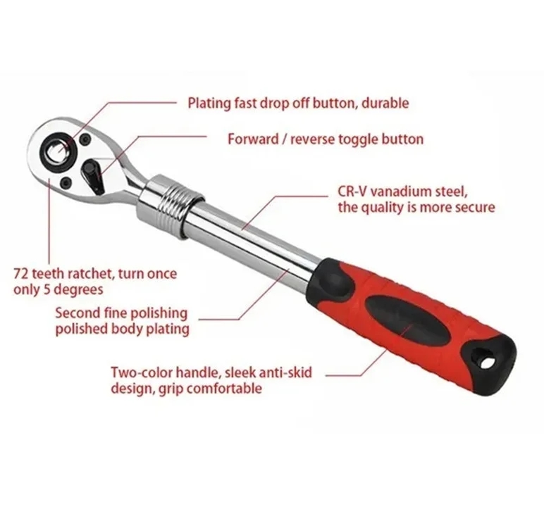 Professional Car Ratchet Wrench Hand Tools 72 Teeth Extending Telescopic Ratchets Socket Wrenches Ratcheting Repair Tool for Car Motorcycle