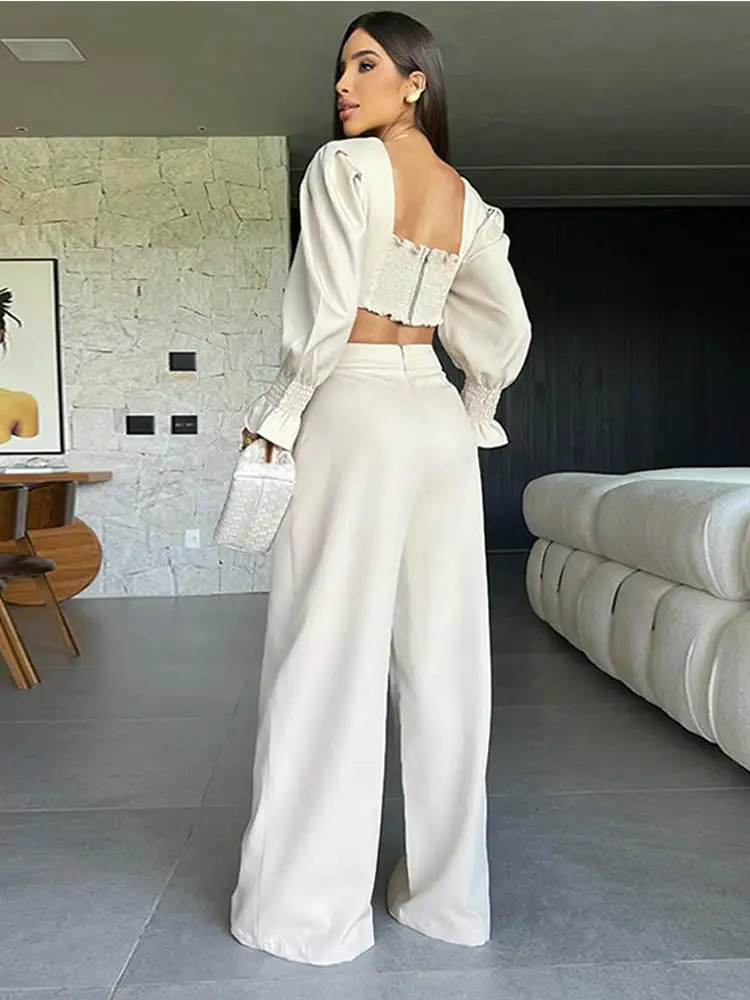 Women Elegant 3d Flower High Waist Wide Leg Pants Suit Chic V Neck Long Flare Sleeves Crop Top Set Female Fashion Outfits 2024 240315