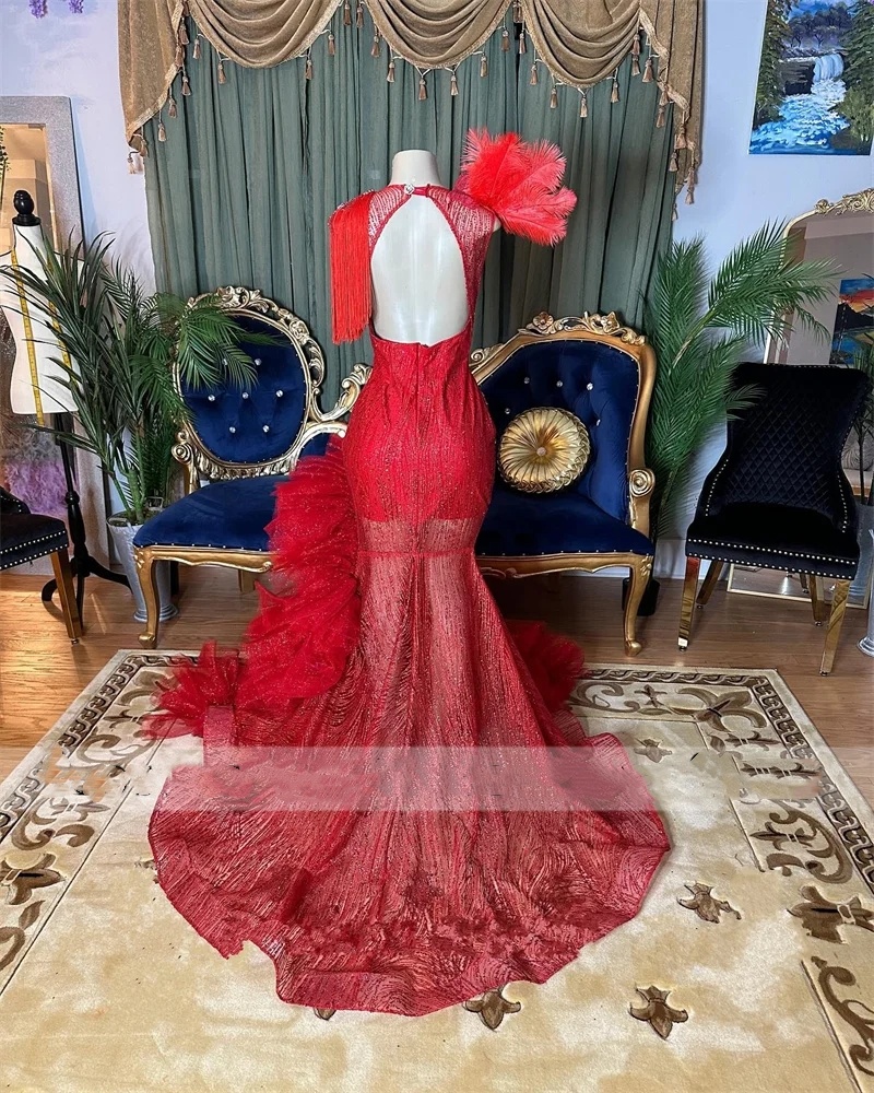 Red Rhies Long Prom Dresses For Black Girls 2024 Dias Crystal Birthday Party Gown Tassels Ruffles Evening Dress