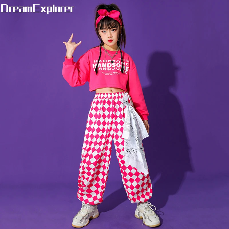 Girls Hip Hop Crop Top Cargo Pants Child Sweatshirt Plaid Skirt Kid Streetwear Jazz Cheerleader Street Dance Costume Clothes Set 240307