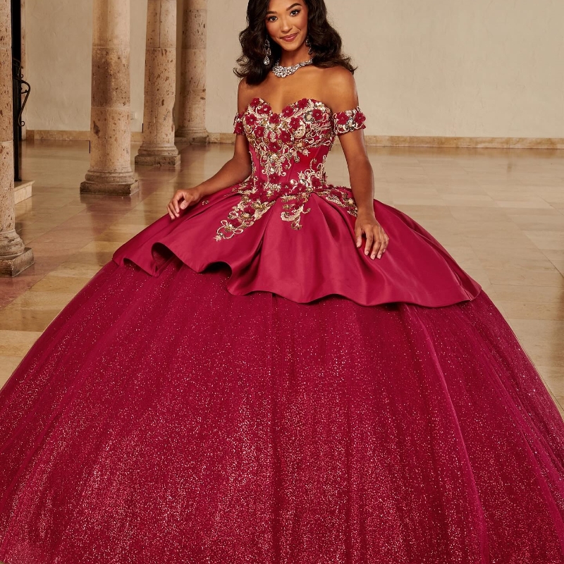 Red Shiny Quinceanera Dress Off The Shoulder Crystal Beads Ball Gown Lace Tull Corset Sweet 15 Vestidos De Quinceanera