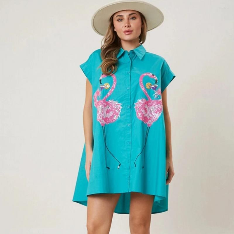 Casual Dresses Women A-line Loose Cute Sequin Shirts Dress Retro Vestido Fashion Short Sleeve Mini Blouse Woman Clothes 2024 Summer