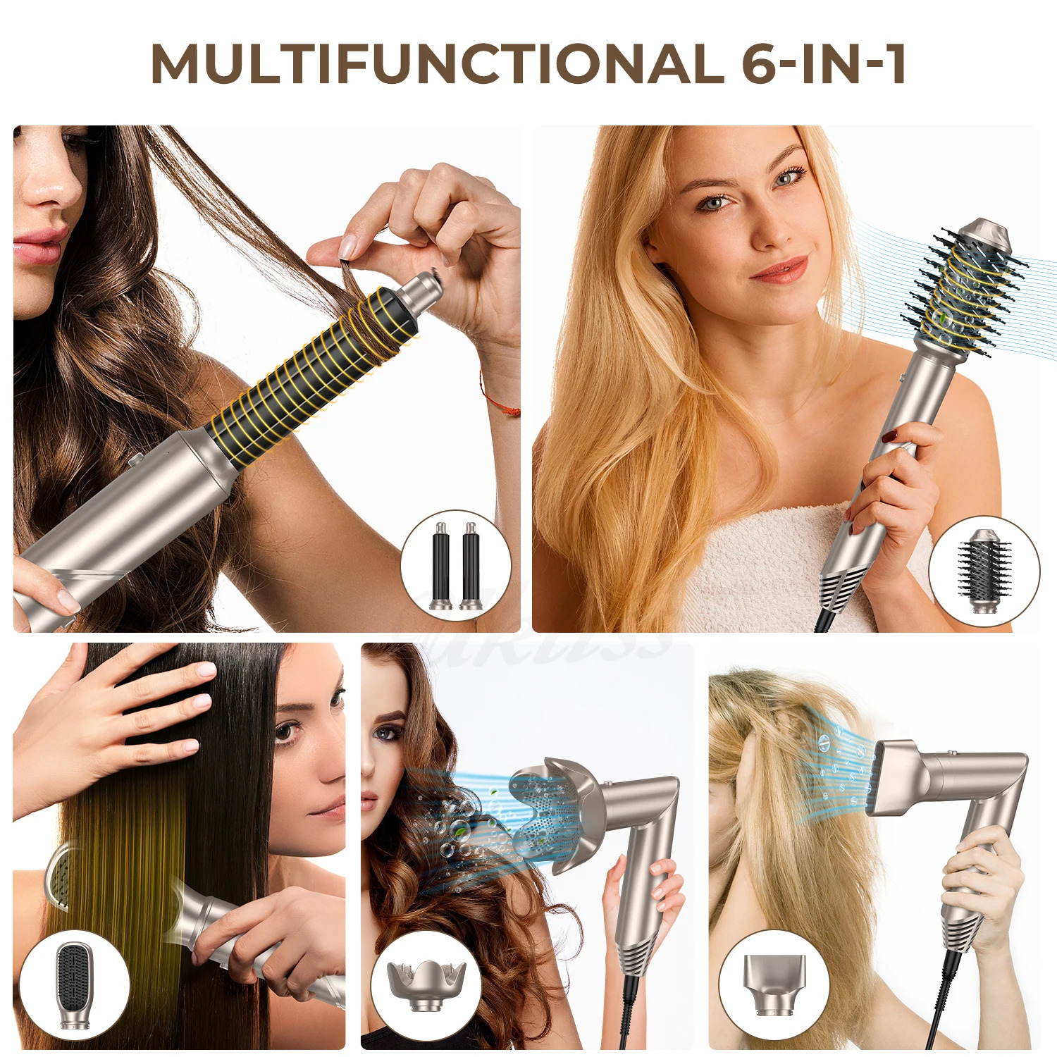 Folding 6 In 1 Hair Dryer Brush Negative Ionic Blower Salon Blow Air Curler Wand Ceramic Curling Iron Styler 240329