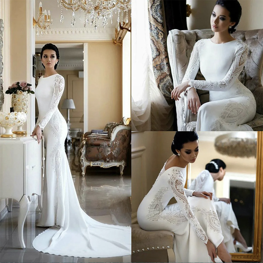Modest Mermaid Wedding Dresses Lace Appliqued Beaded Berta Sweep Train Boho Wedding Dress Bridal Gowns Sleeves abiti da sposa Gown 2024