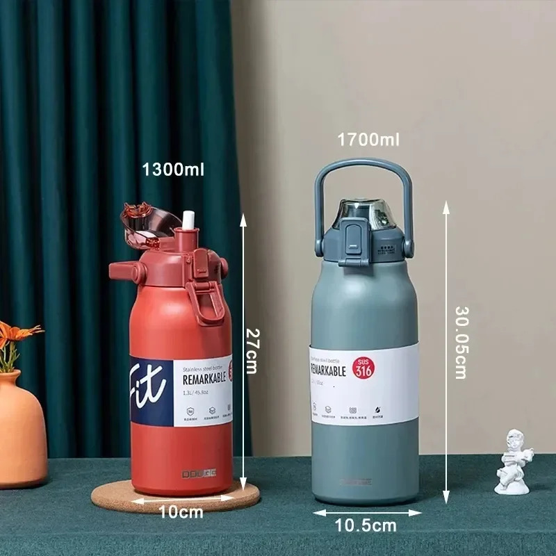 1700ML Stainless Steel Thermos Cup Tumbler Fitness Straw Insulating Sports Water Bottle Outdoor Travel Vacuum Flask Kettle 240328