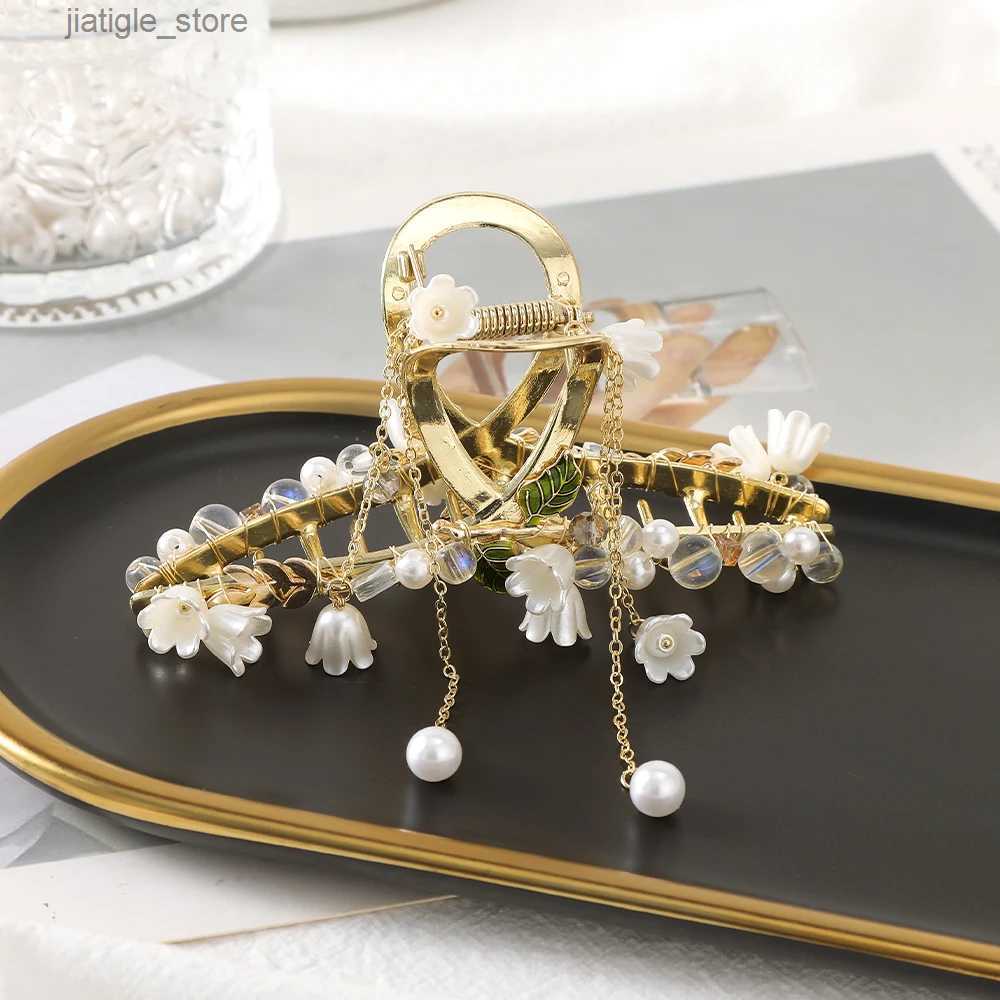 Hair Clips Haimeikang Pearl Hair Clip Crabs For Women lily of the valley leaf Tassel Hair Claw Hairpin Golden Fashion Ponytail Accessories Y240329 - view 5
