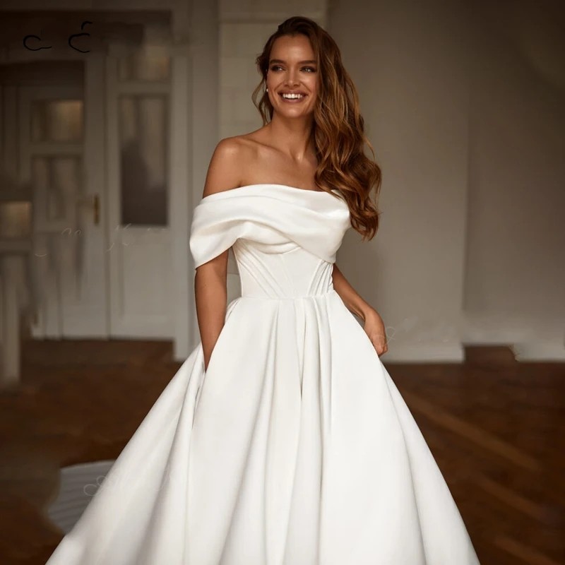 2024 Princess A-Line Wedding Dress Women Off the Shoulder Open Back Satin Bridal Bride Gowns Court Train Vestido De Novias
