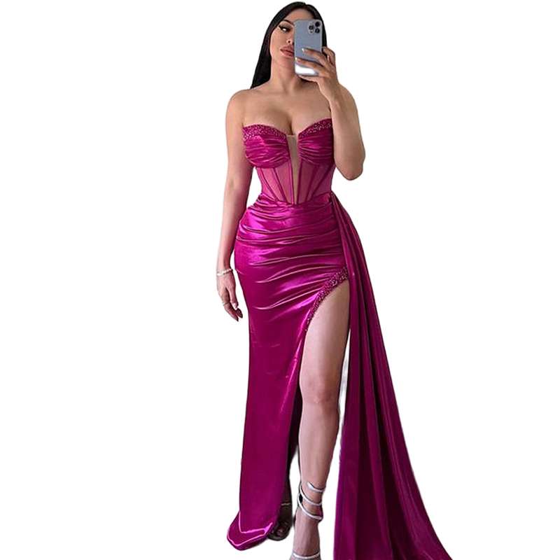 Sexy Fuchsia Mermaid Prom Dresses Side High Slit Long Satin Special Occasion Dress For Women Beaded Sweetheart Neck Exposed Boning Modern Evening Gown