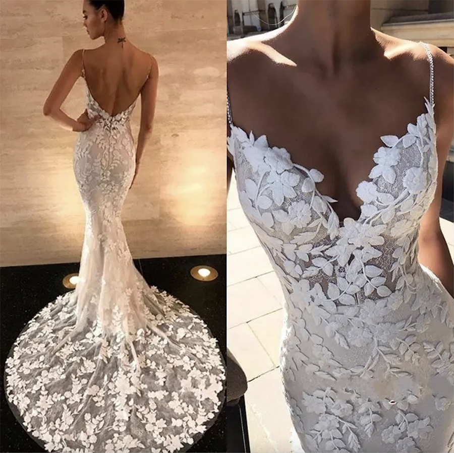 New Mermaid Wedding Dresses 2024 V Neck Long Sleeves Full Lace Appliques Front Split Sheer Sweep Train Backless Plus Size Free shippi