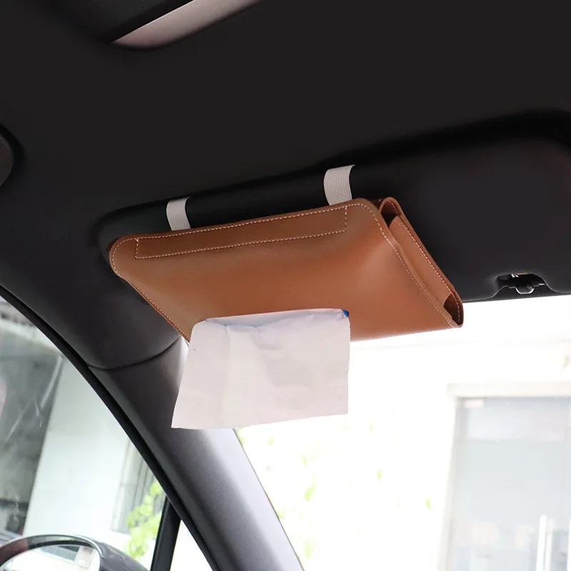 Automotive Tissue Holder, Synthetic Leather Tissue Support, Adjustable Tissue Holder for Sun Visor, Car Tissue Box with Tissue Refill
